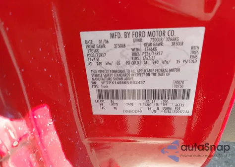 2006 Ford F-150 Fx4/Lariat/Xl/Xlt from USA, damaged, VIN 1FTPX14586NB02437